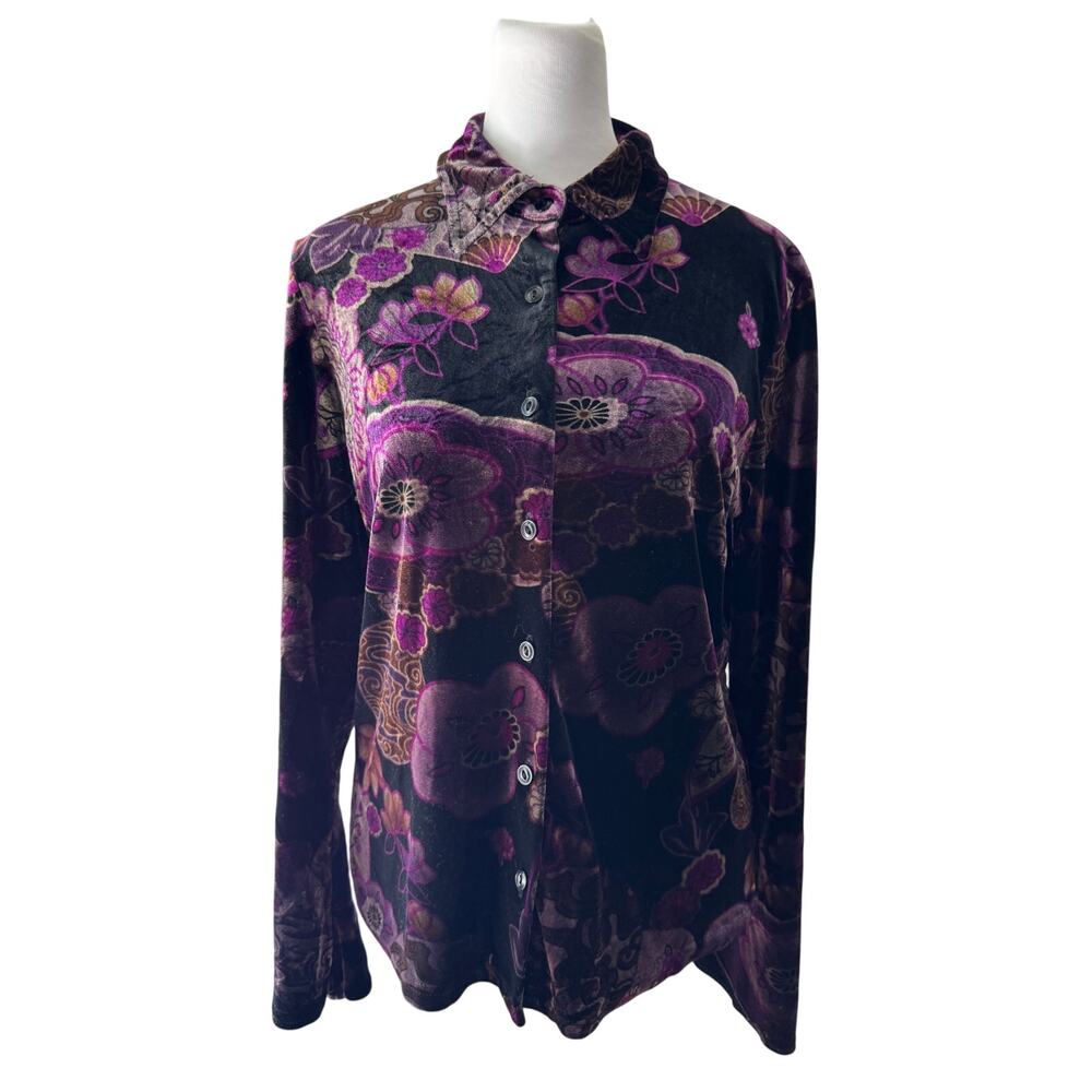 Vintage Y2K New York City Design Co. Black & Purple Velvet Button Front Blouse - Picture 3 of 6